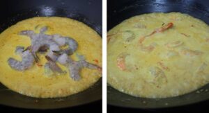 Adding large shrimps to boiling coconut curry sauce
