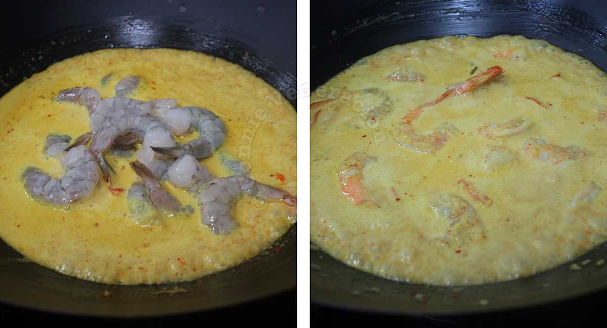 Adding large shrimps to boiling coconut curry sauce