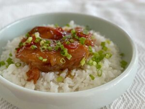 20-minute chicken braised in sweet spicy sauce served over rice