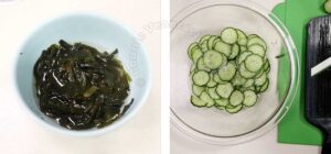 Rehydrating wakame and soaking sliced cucumber in salt