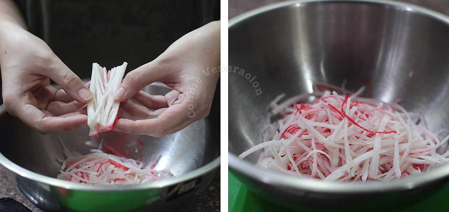 Shredding kani (crabsticks)