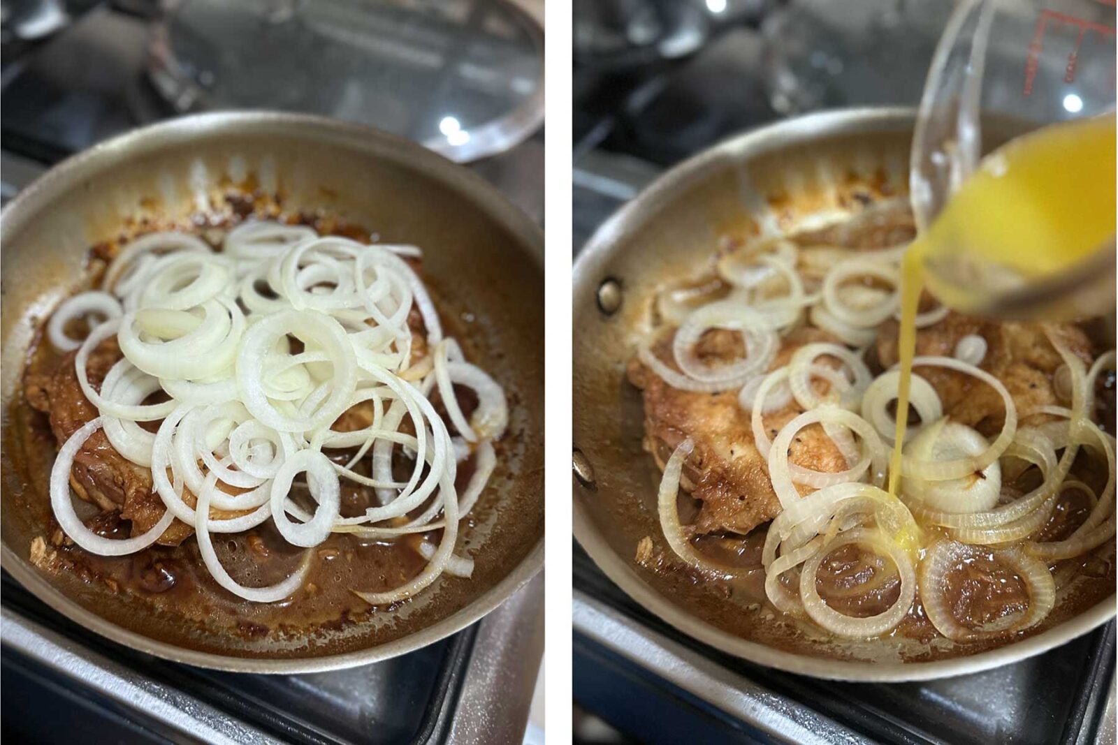 Adding onion rings and calamansi juice to chicken in pan