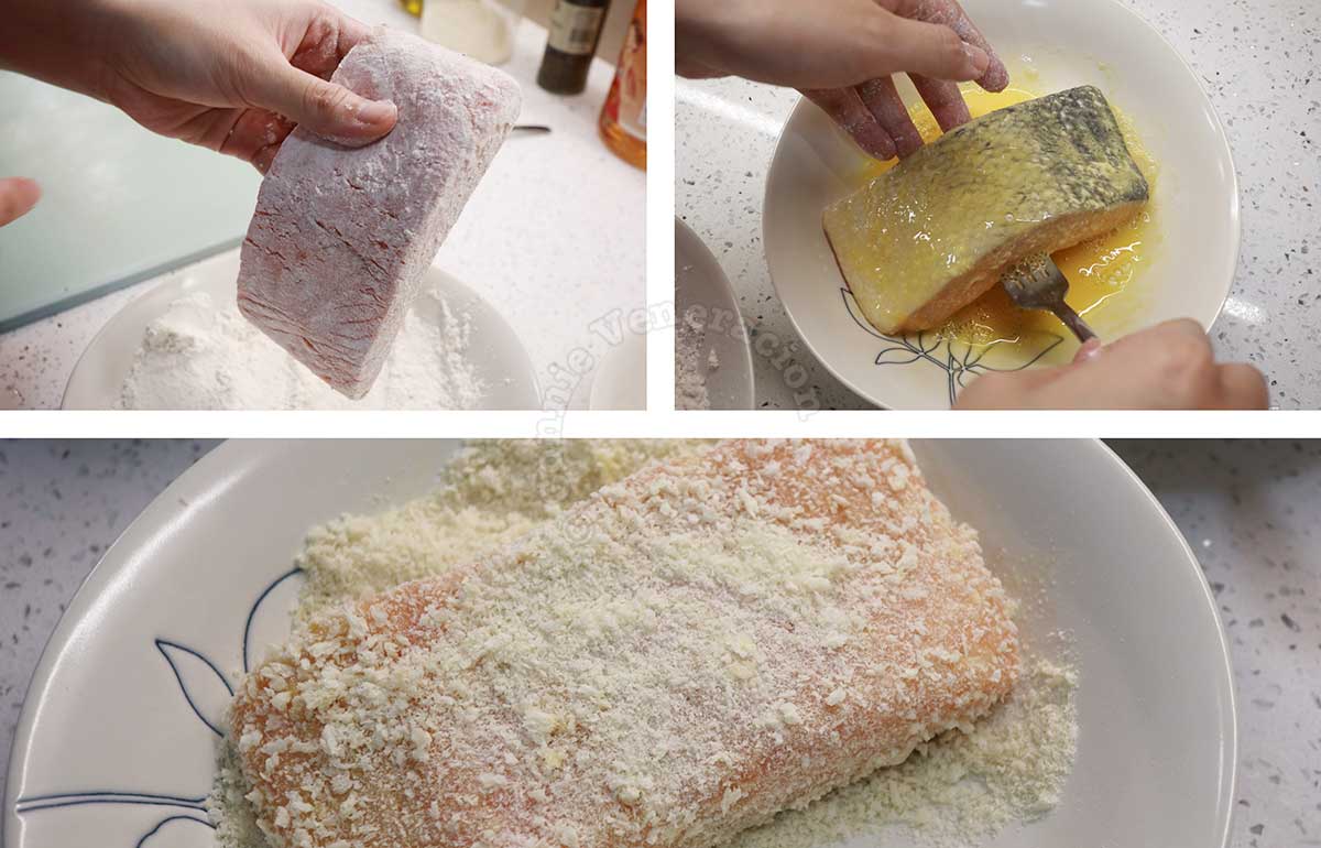 Dredging salmon fillet in flour, dipping in egg and coating with panko to make salmon katsu