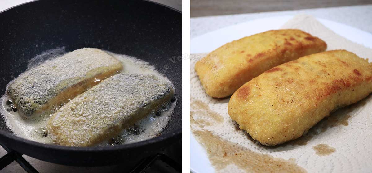 Frying salmon katsu in olive oil and butter