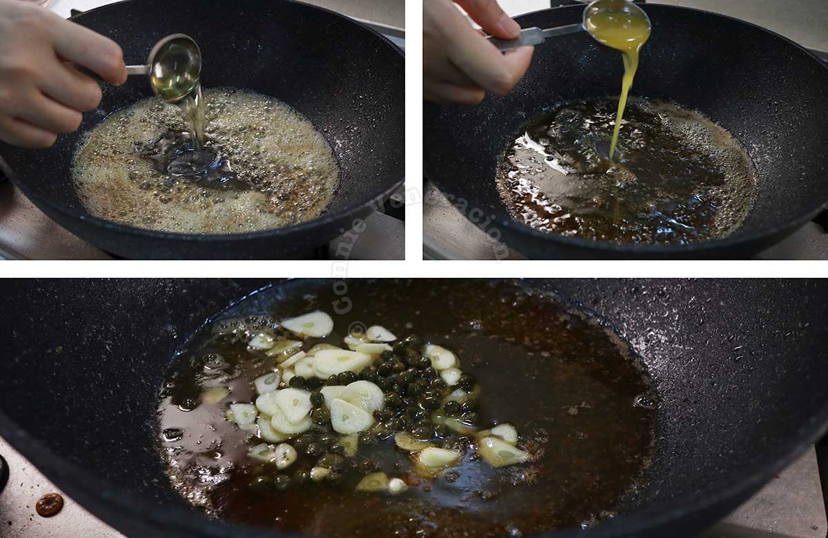 Making piccata sauce with butter, wine, lemon juice, garlic and capers