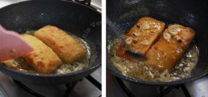Tossing salmon katsu in piccata sauce