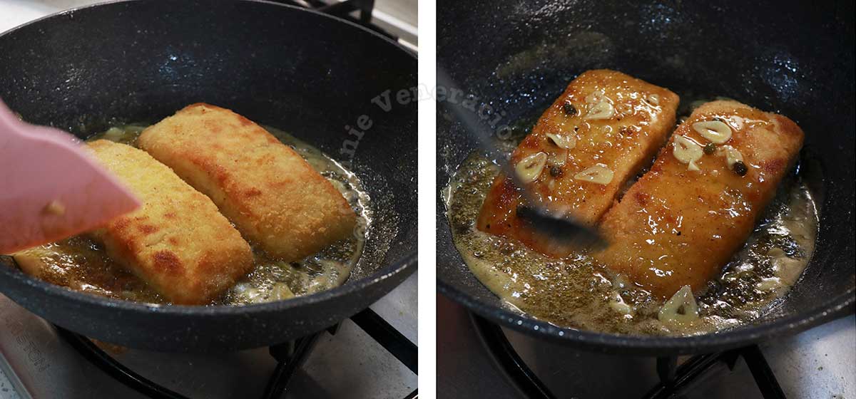 Tossing salmon katsu in piccata sauce