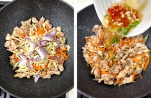 Adding vegetables and sauce to chicken in wok