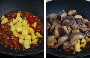 Tossing fried fish fillets in sweet sour sauce
