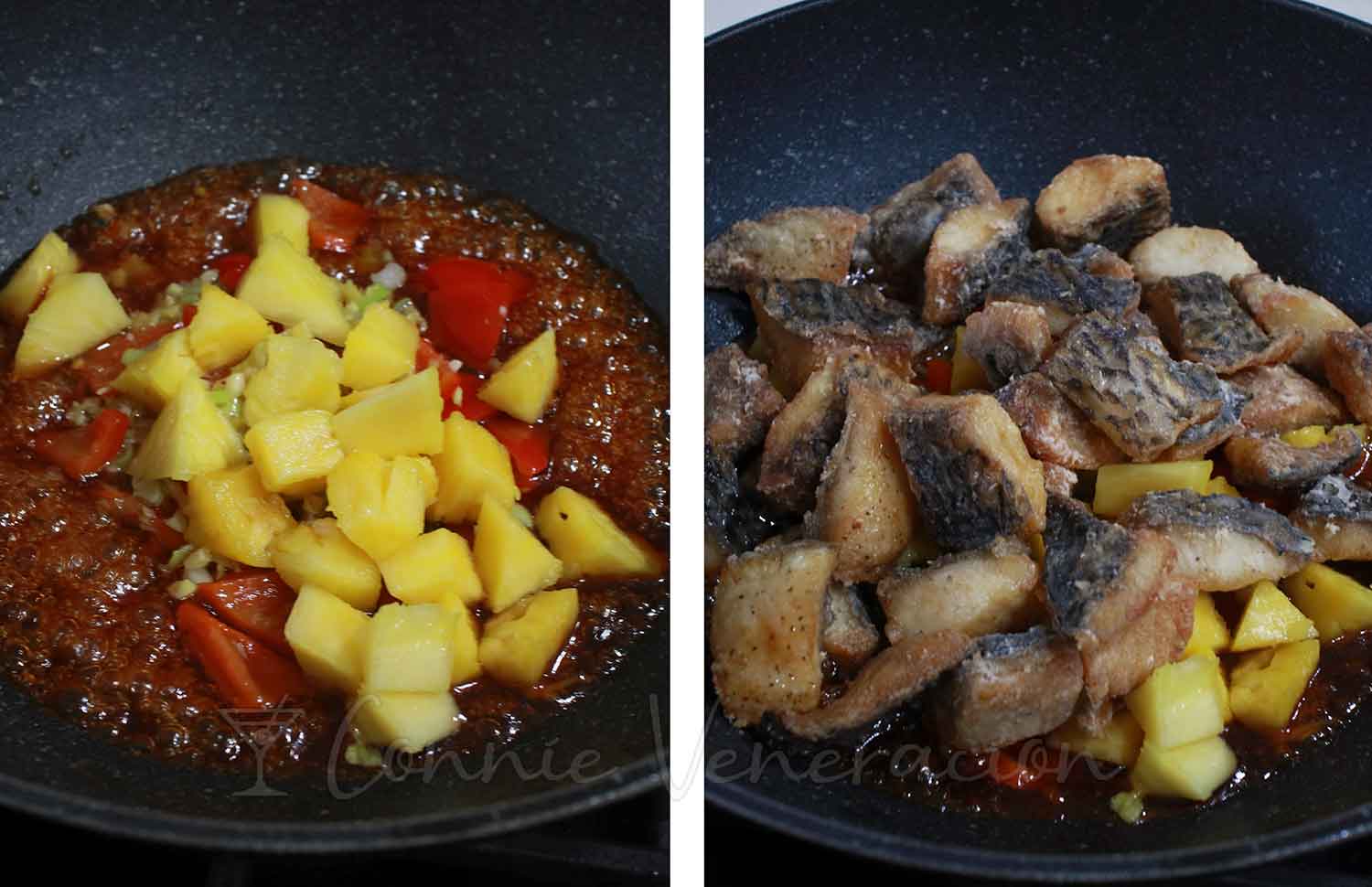 Tossing fried fish fillets in sweet sour sauce