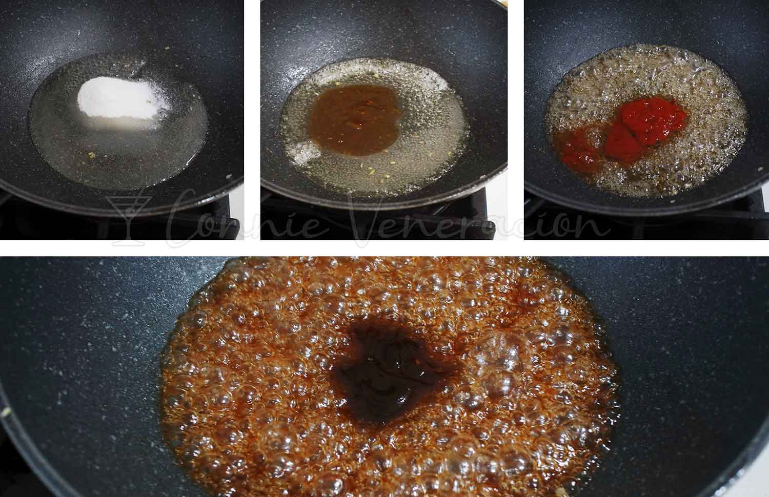 Steps in making sweet sour sauce: caramelizing sugar in vinegar, adding plum sauce, tomato paste and oyster sauce