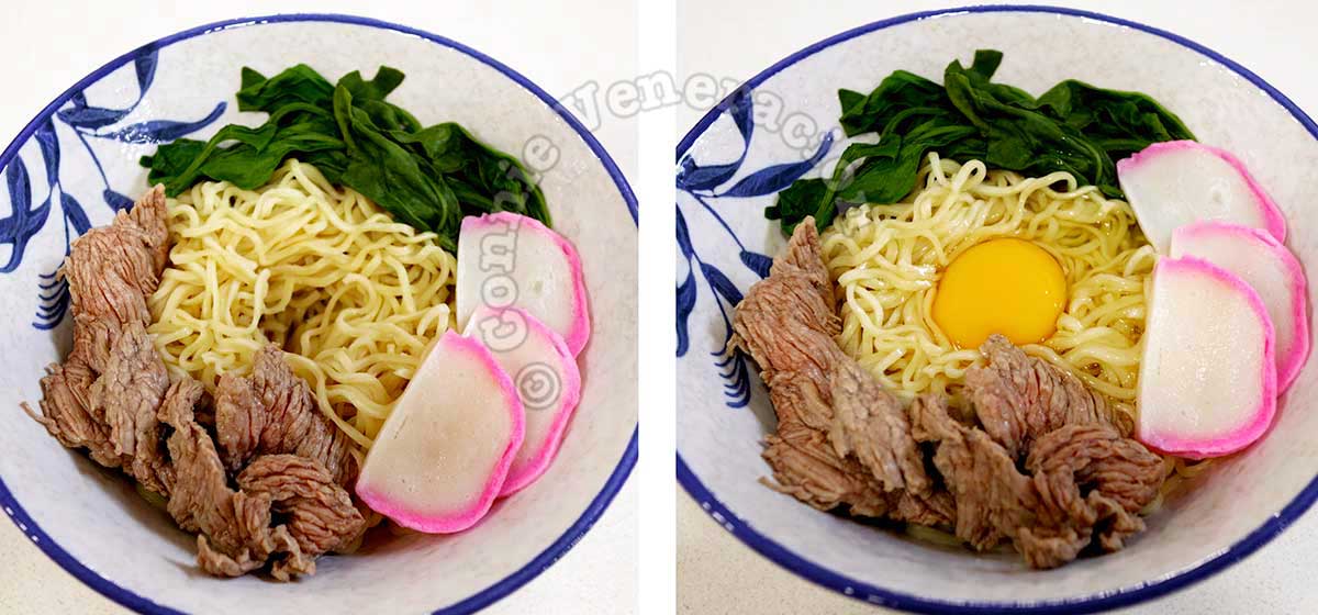 Assembling Sweet soy sauce beef ramen in bowl