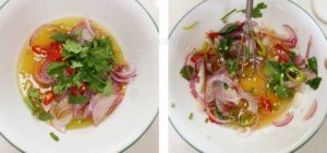 Making the dressing for Thai fried egg salad (yum khai dao)