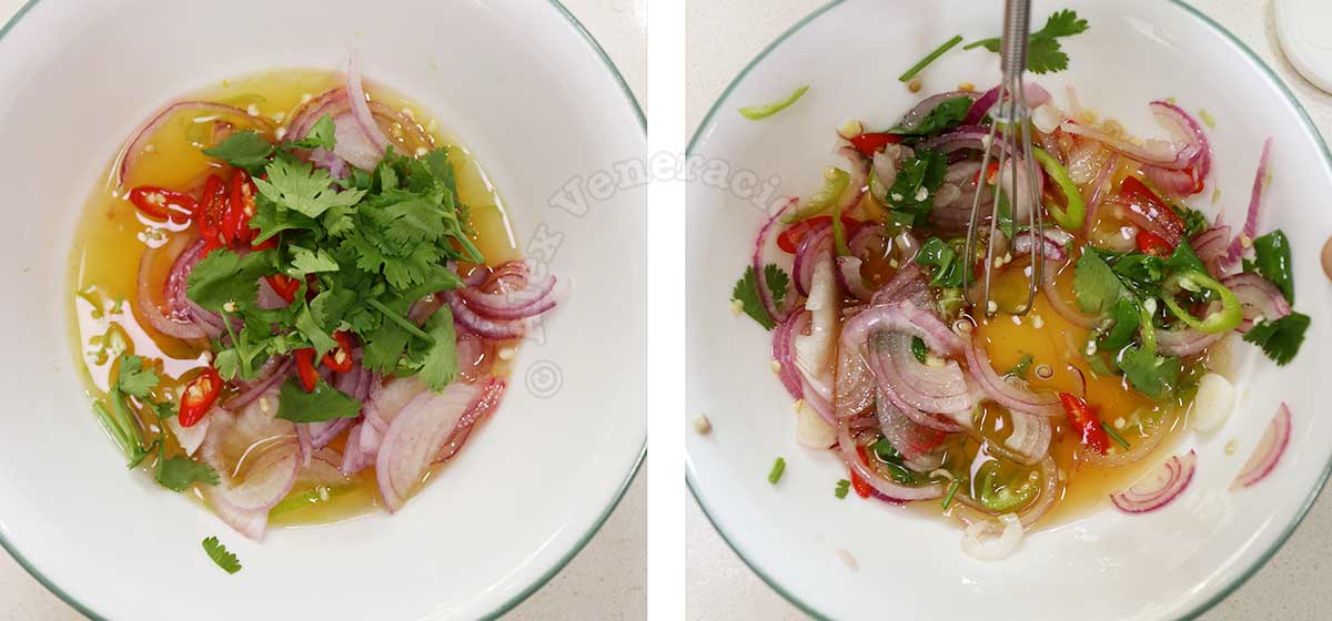 Making the dressing for Thai fried egg salad (yum khai dao)