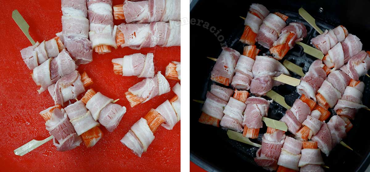 Cutting bacon-wrapped kani into halves before skewering