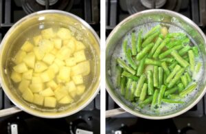 Boiling cubed potatoes and trimmed green beans