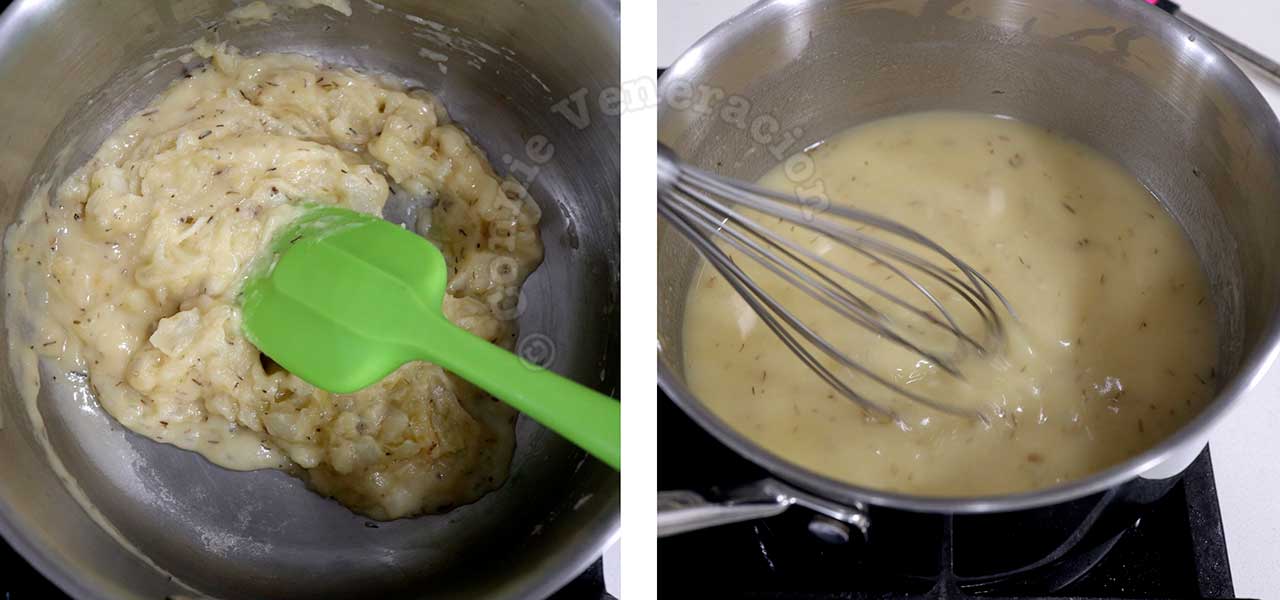 Pouring broth into roux in pan