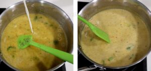 Adding cream to broccoli and carrot chowder