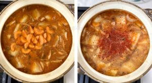 Adding carrot and chili flakes to kimchi soup in claypot