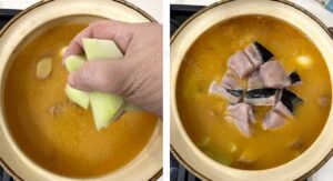 Adding chayote and fish belly fillets to simmering fish stock in claypot