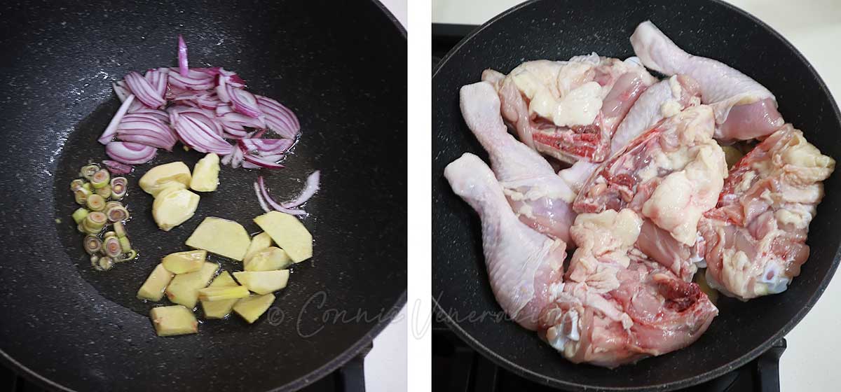Sauteeing spices and browning chicken in pot