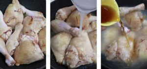 Pouring coconut water and fish sauce in pot with browned chicken