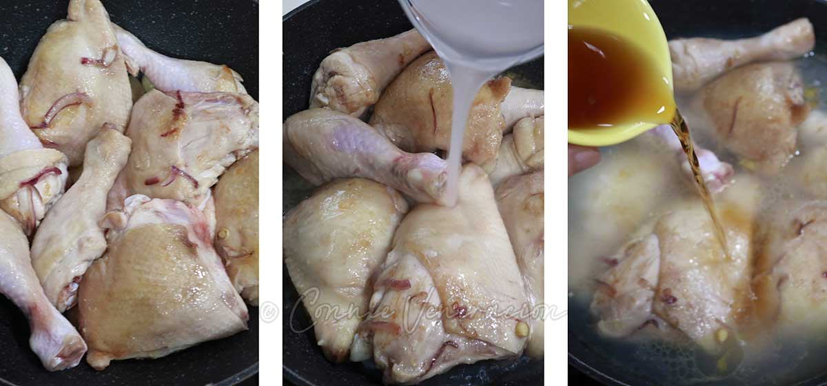 Pouring coconut water and fish sauce in pot with browned chicken