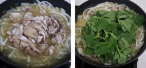Adding deboned chicken and spinach to coconut soup in pot