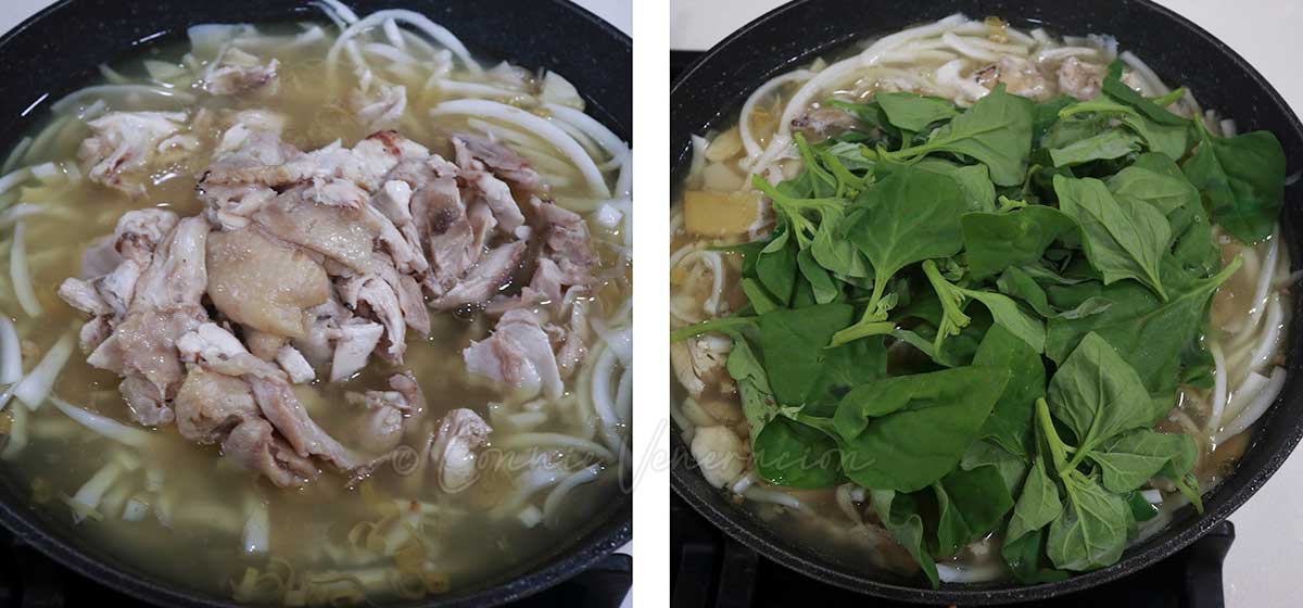 Adding deboned chicken and spinach to coconut soup in pot