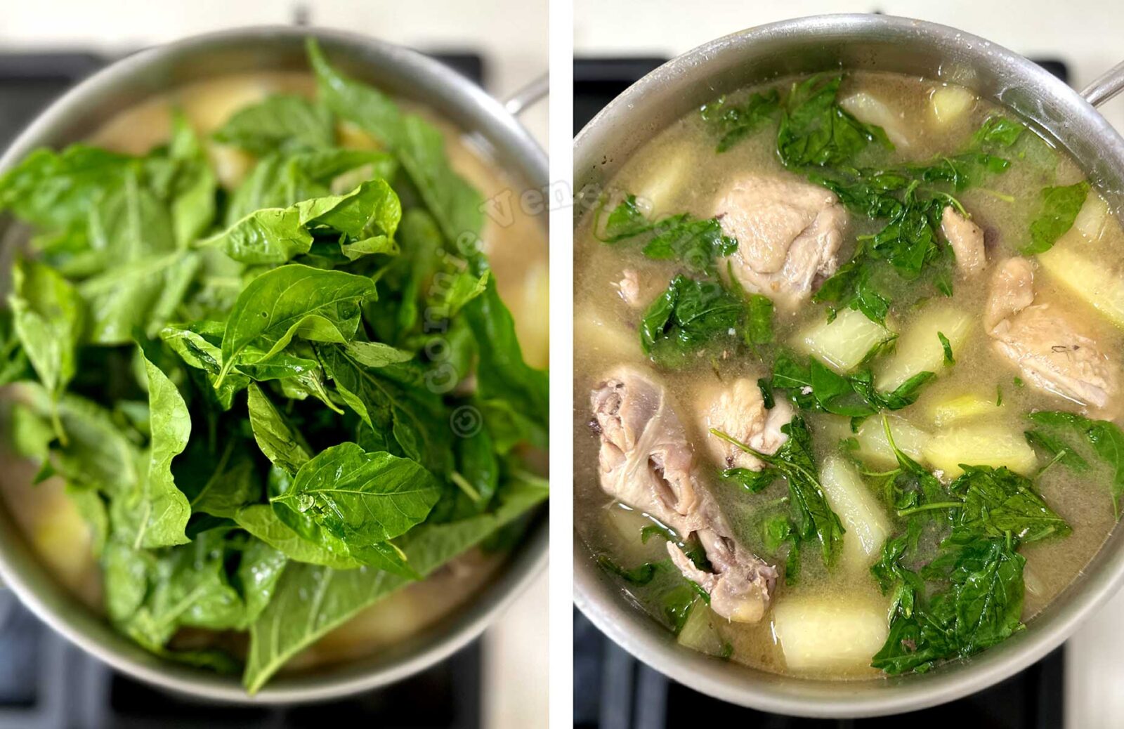 Adding chili leaves to chicken and green papaya in pot