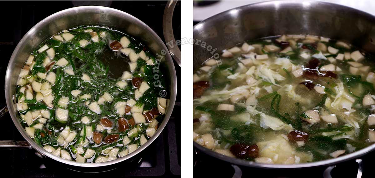 Simmering shiitake with scallions in duck broth