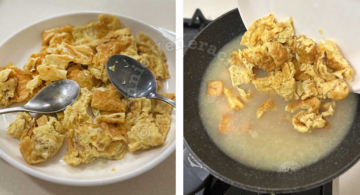 Tearing an omelette and adding it to simmering broth