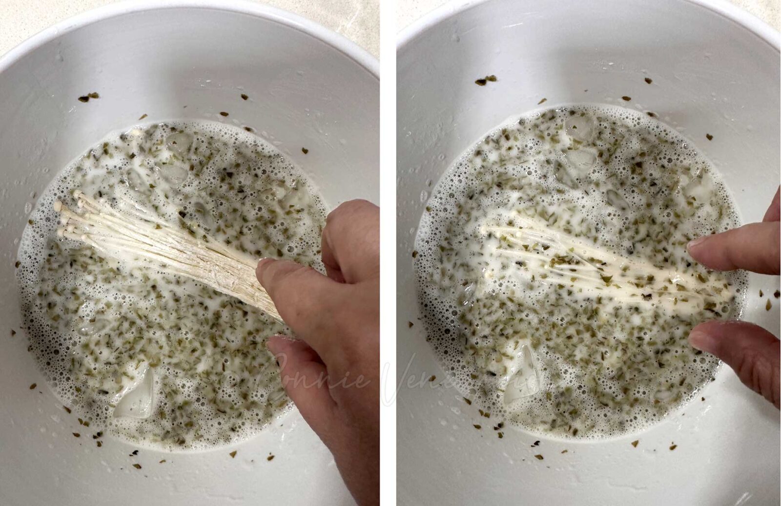 Dipping enoki in batter