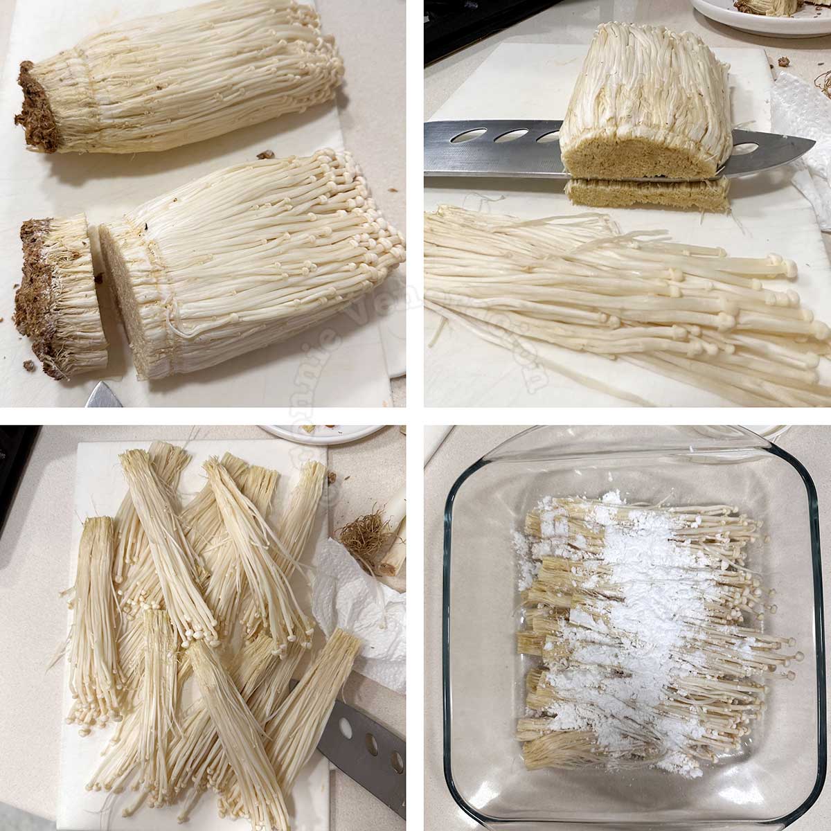 Cutting and flouring enoki
