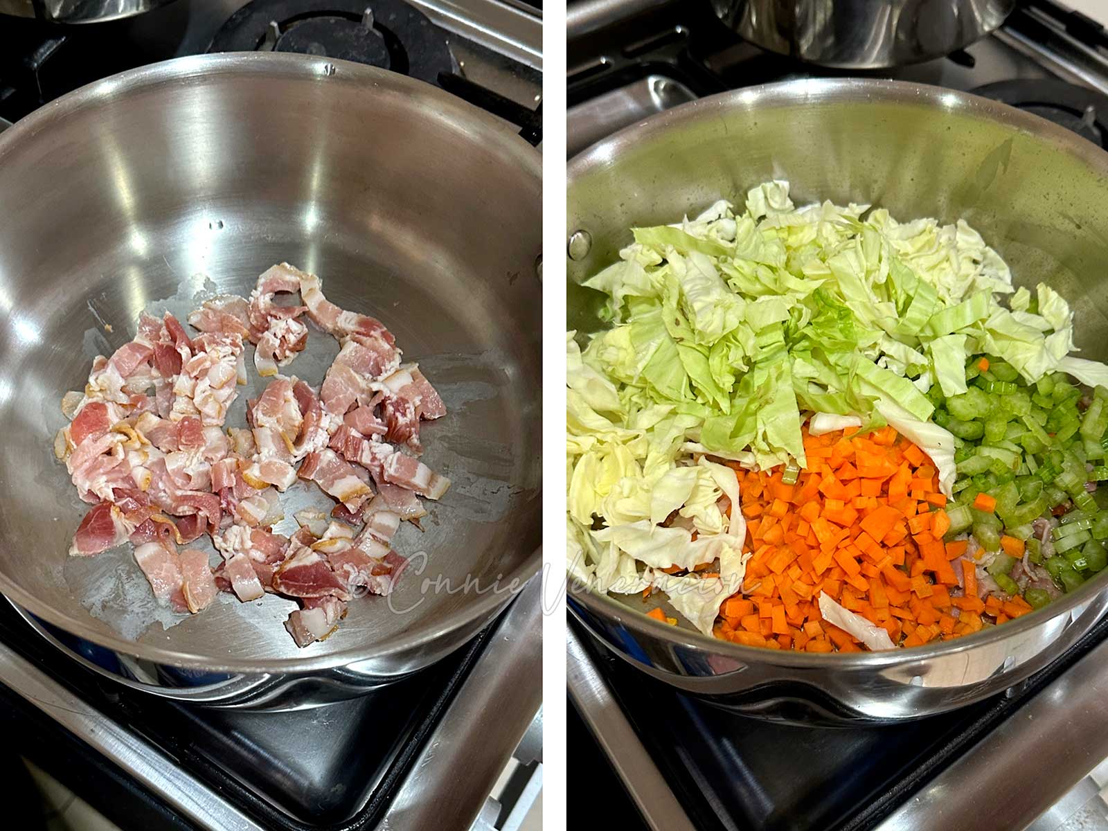 Softening vegetables in butter and rendered bacon fat