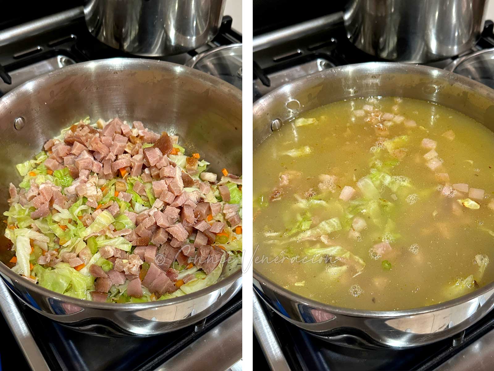 Simmering vegetables bacon and ham in chicken broth