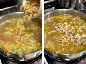 Adding macaroni and chopped cooked chicken to vegetables in pot