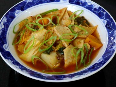 Kimchi soup with fish cake (odeng) and sweet potato