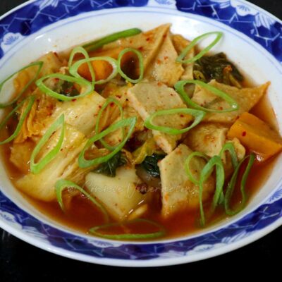 Kimchi soup with fish cake (odeng) and sweet potato
