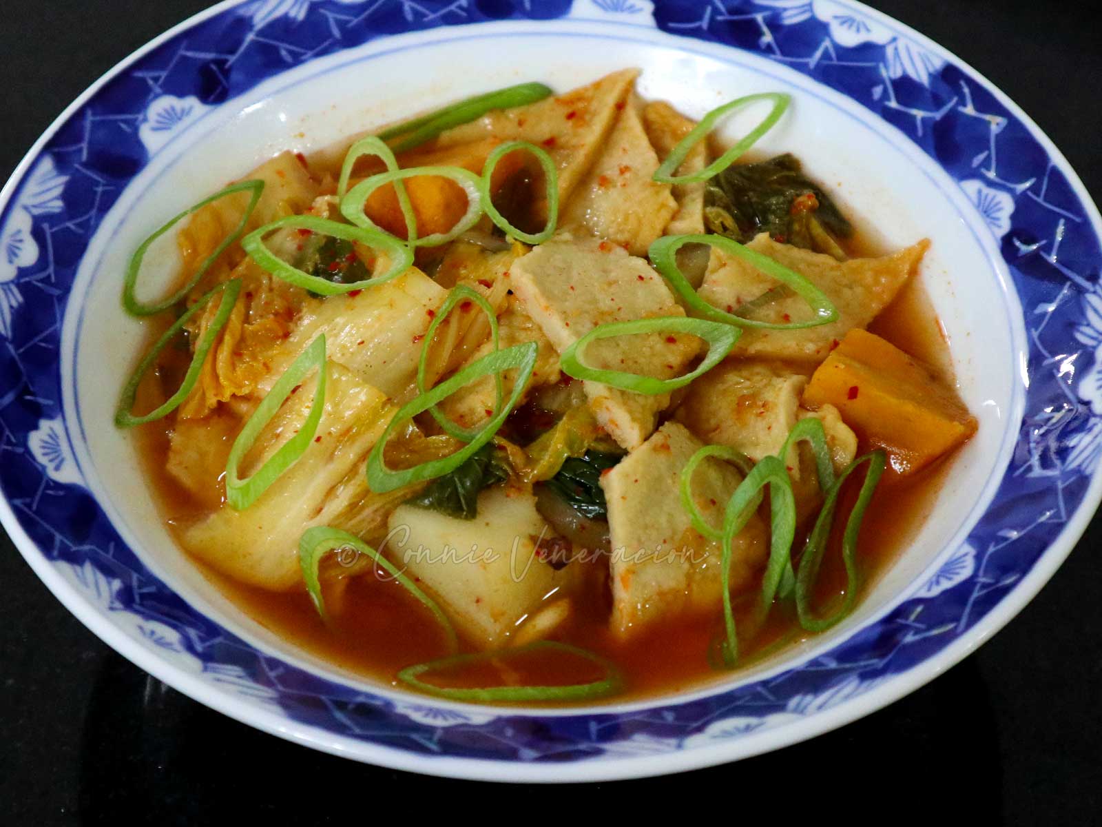 Kimchi soup with fish cake (odeng) and sweet potato