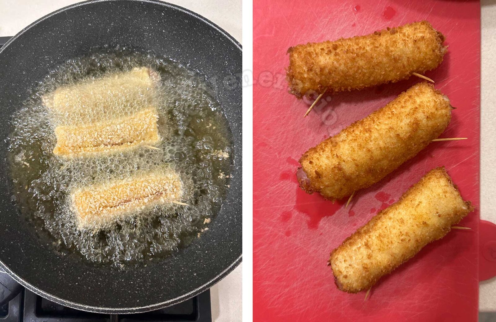 Frying ham and cheese filled bread