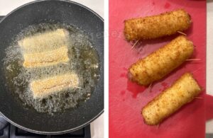 Frying ham and cheese filled bread