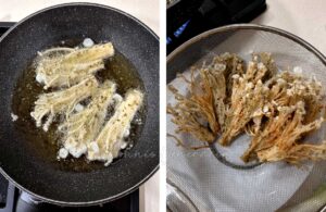 Frying battered enoki