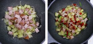 Adding ham and bell pepper to onions and potatoes in pan to make Bauernfrühstück (Farmer’s Breakfast)