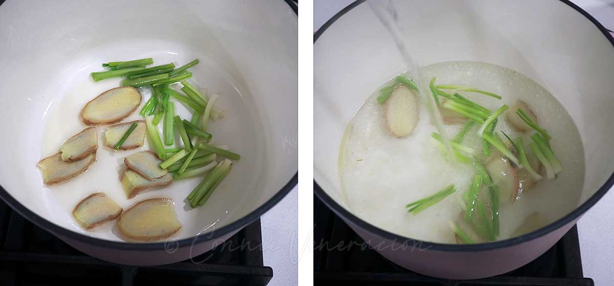 Sauteeing ginger and scallions before adding water to make broth