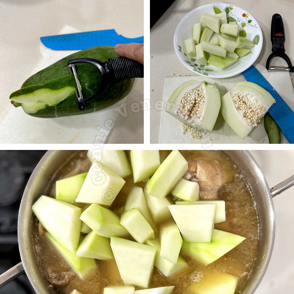 Peeling, cutting and adding green papaya to chicken in pot
