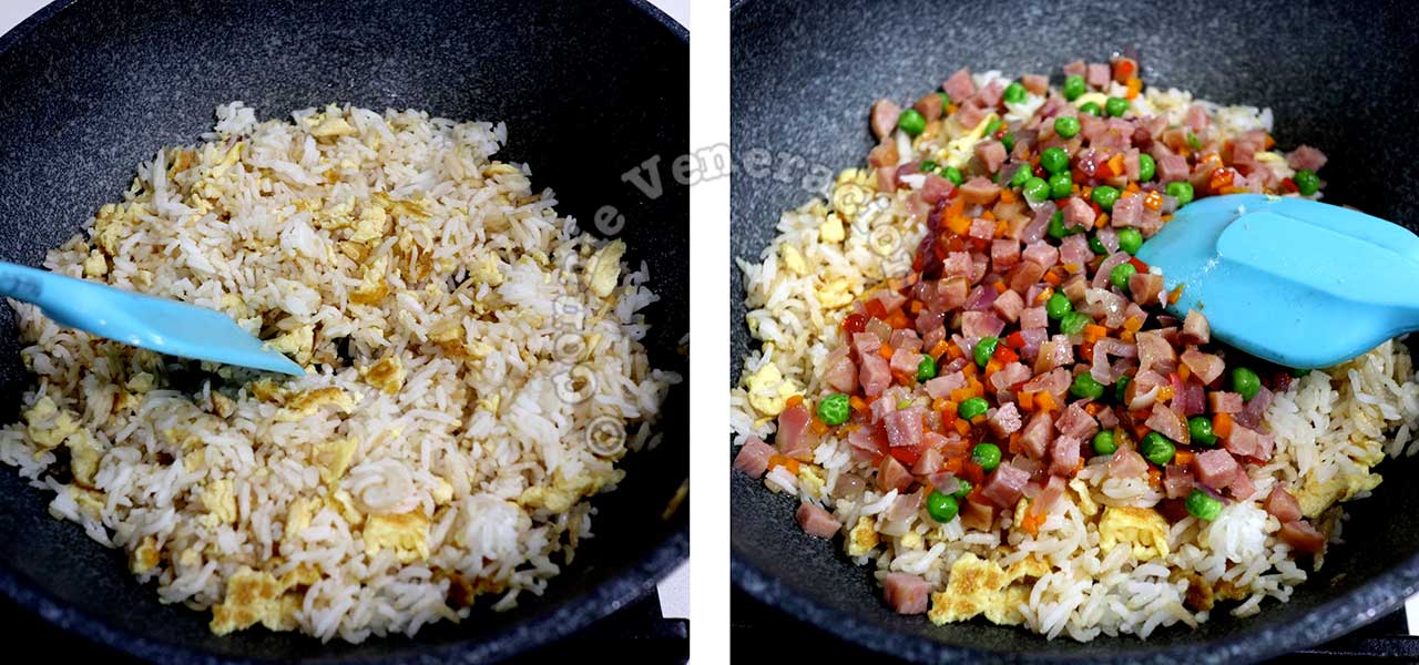Adding ham, sausage and vegetables to fried rice