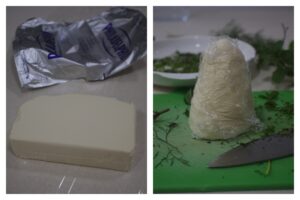 Cream cheese shaped into a Christmas tree