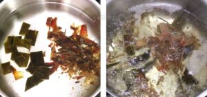 Boiling bonito flakes and kombu to make dashi