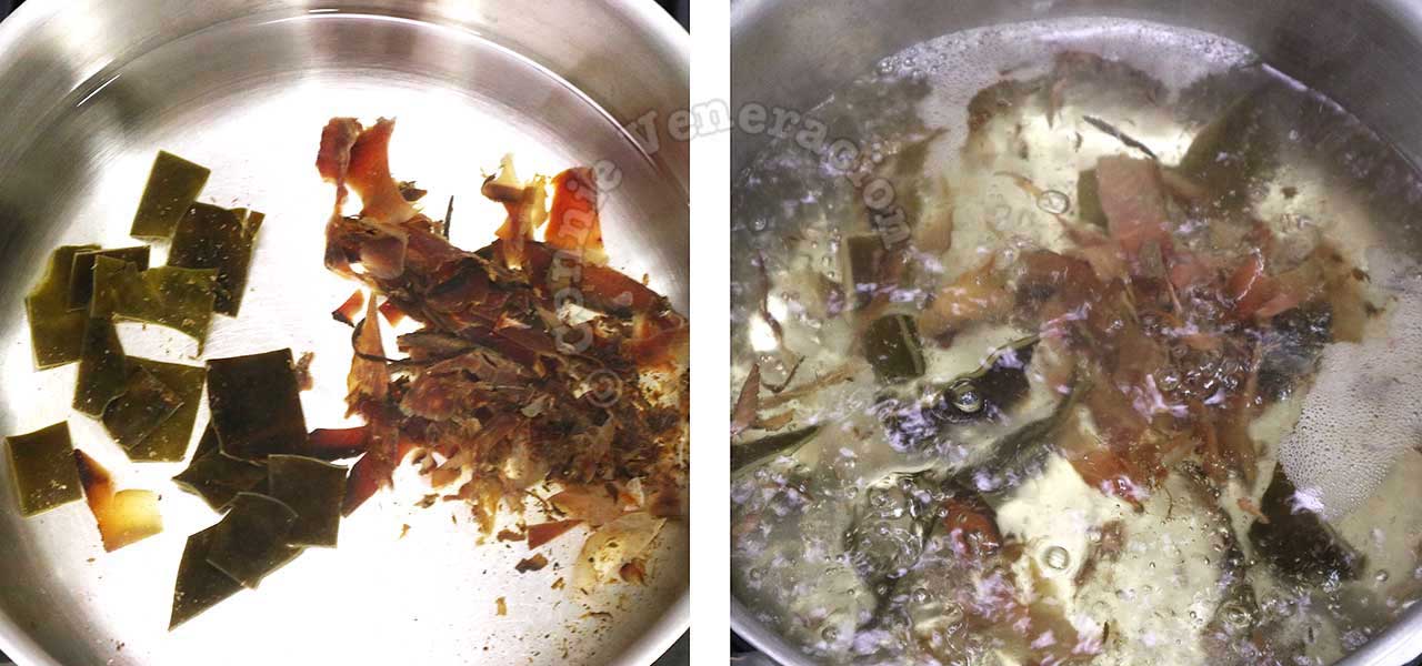 Boiling bonito flakes and kombu to make dashi